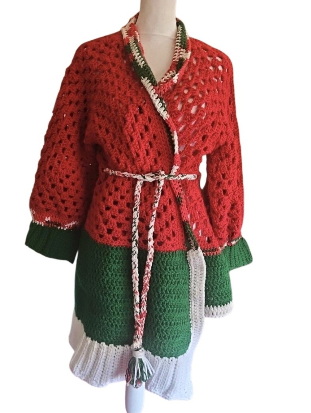 Handmade Crochet Christmas Cardigan Red Green White Grannycore OOAK Sweater - Picture 5 of 17